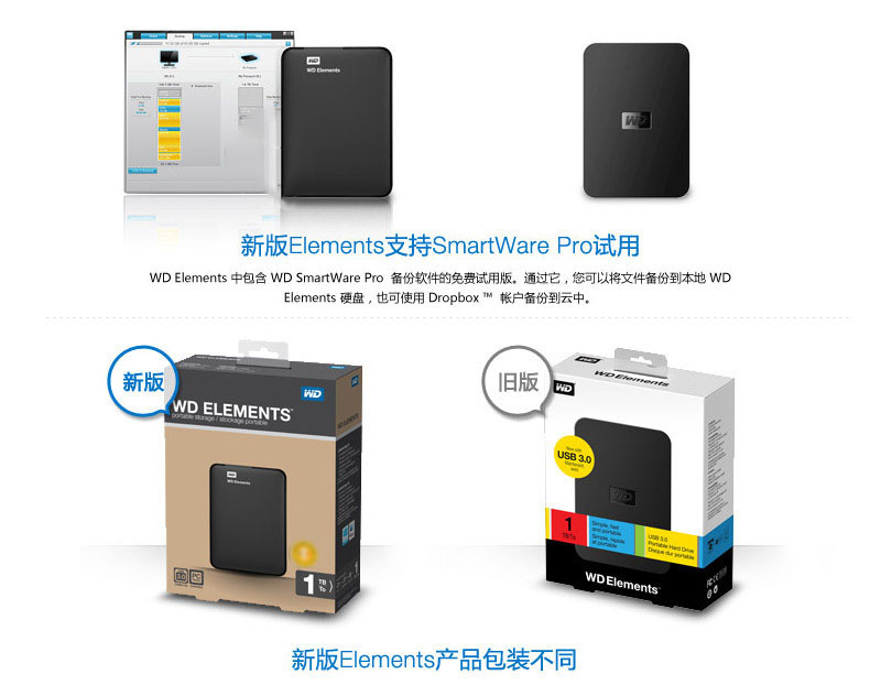 西部数据 WD 移动硬盘 Elements WDBUZG0010BBK 1TB (黑色) 新元素系列 2.5英寸 USB3.0