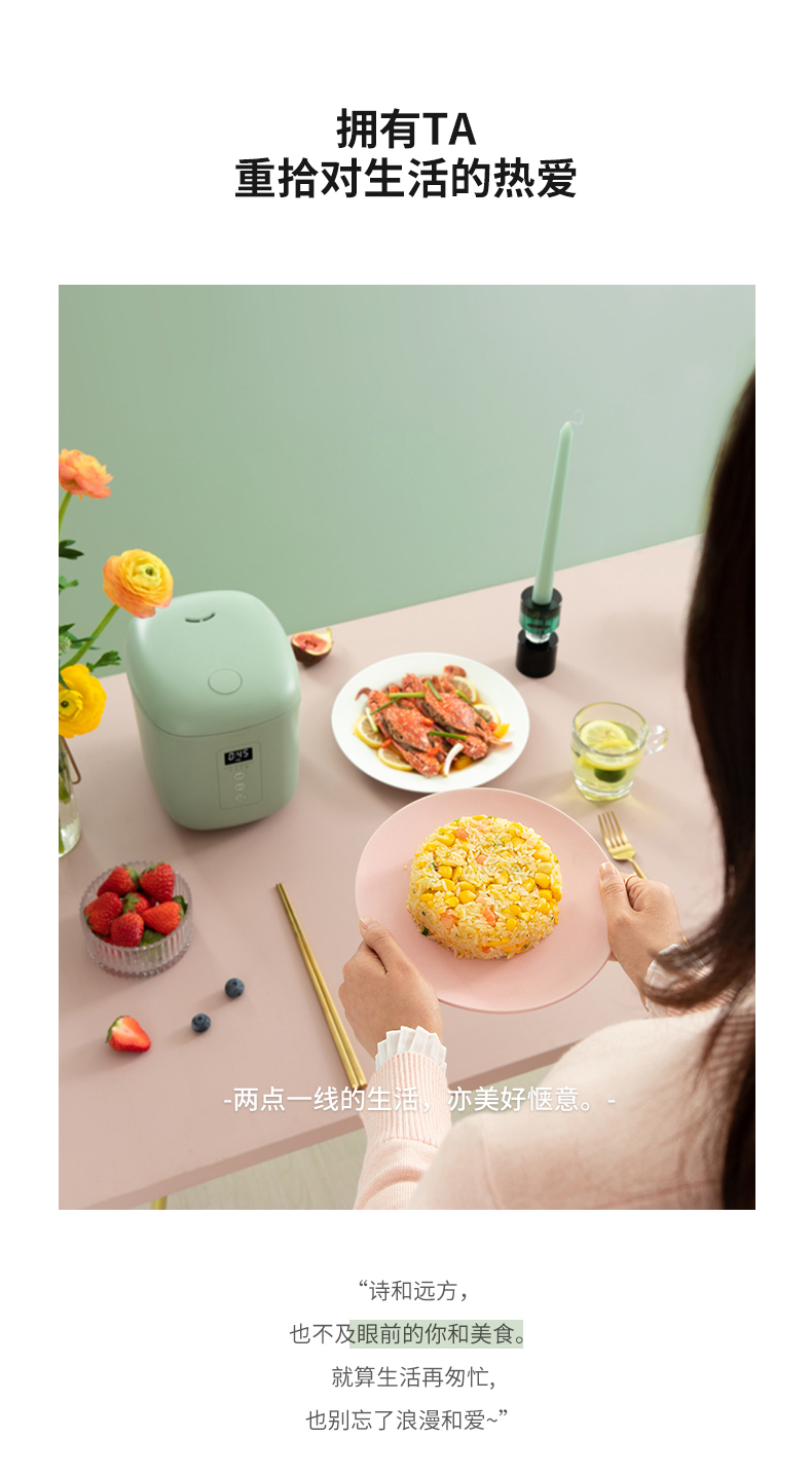 生活元素 迷你电饭煲 F55-H01 1.2L  磁吸茶滤 LED触控显示 高硼硅玻璃