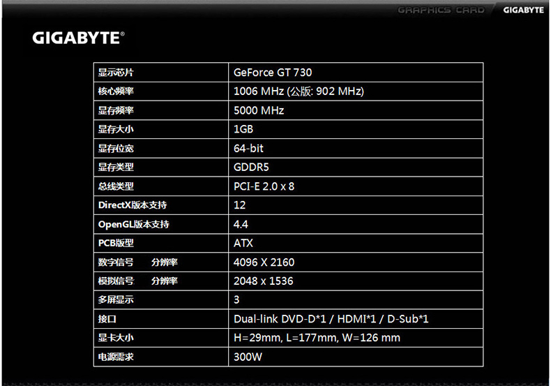 技嘉 GIGABYTE 独立显卡 GV-N730D50C-1GI (黑色) 赠一年质保 1G