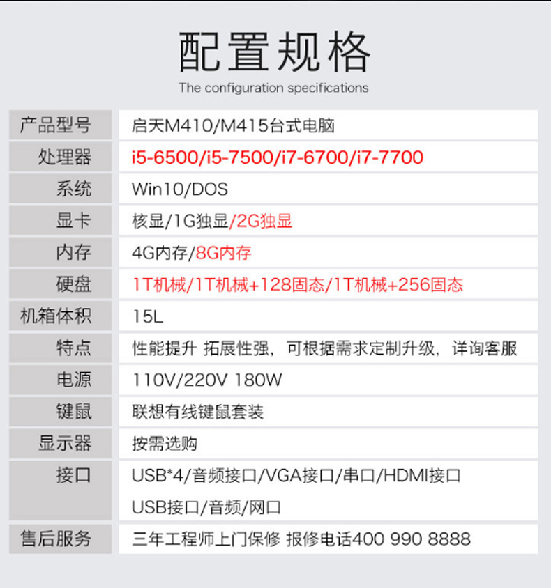 联想 lenovo 台式电脑 M415-D187  I5 7500/4G/1T/128G/DVDRW/GT730/2G独显/DOS/23.8寸/大机箱/含安装费