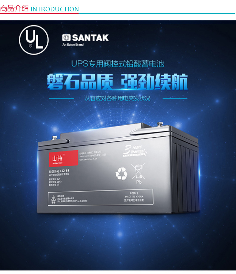 山特 SANTAK 蓄电池 12V65AH (黑色) UPS电源电池铅酸免维护