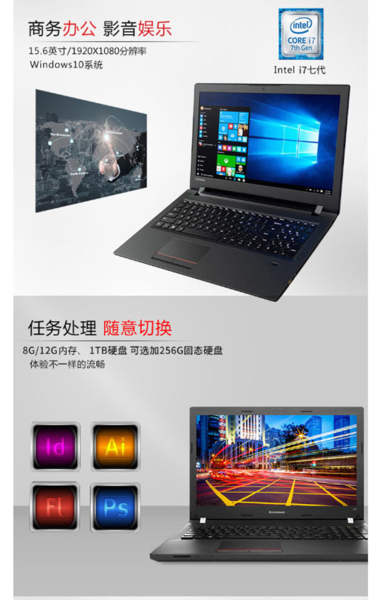 联想 lenovo 商用办公笔记本电脑 昭阳E52-80 (黑色) (I7-7500U/8G/256G/RAMBO/2G/W10/FHD三年保)