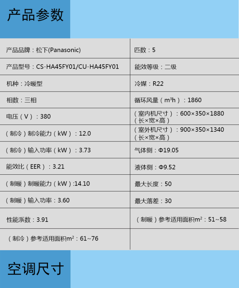 松下 Panasonic 5匹三相单冷空调柜机 CS-HC45FY01/CU-HC45FY01 二级能效