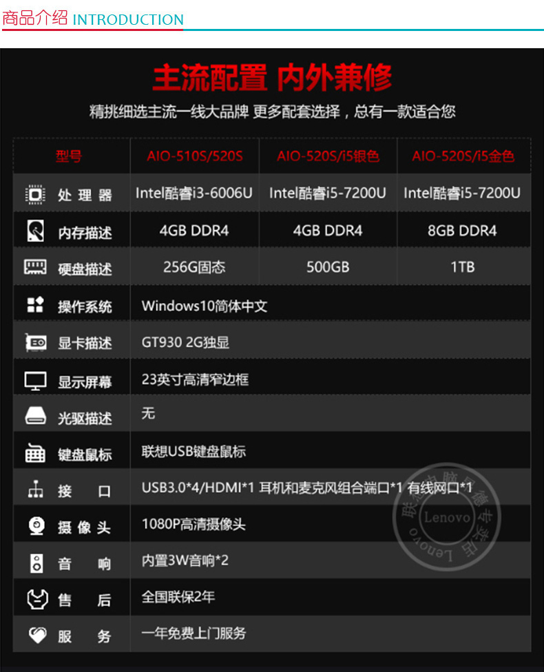 联想 lenovo 一体式电脑 AIO 520S-23I5 I5-7200U/8G/256SSD/无线网卡/蓝牙/KM5922无线键鼠/无光驱/23.0/银色 