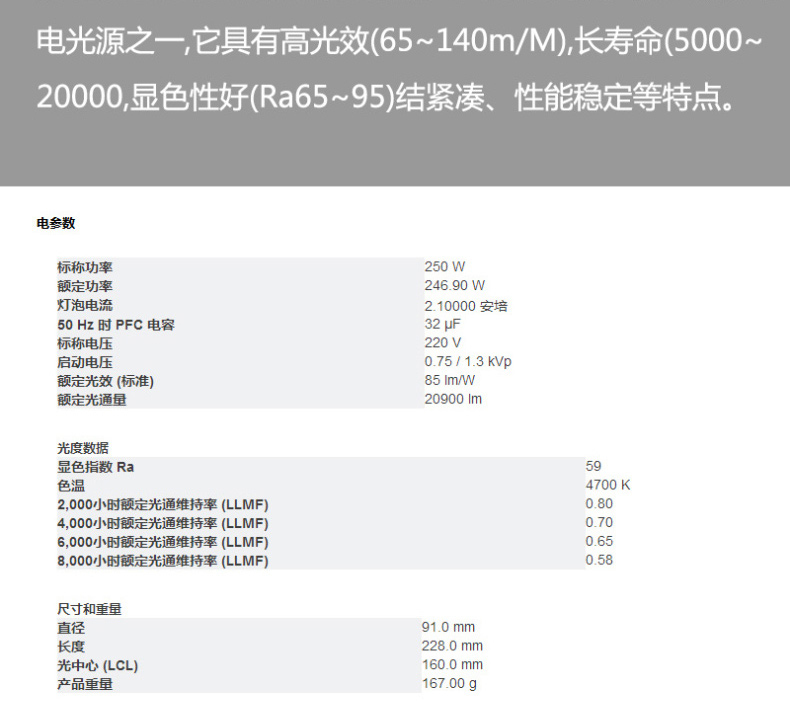 欧司朗 OSRAM 金卤灯灯泡 HQI-E 250W/N E40 