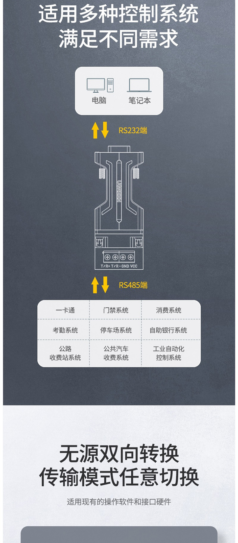 绿联 UGREEN 无源转换器 80110  RS232转RS485 防雷防浪涌型