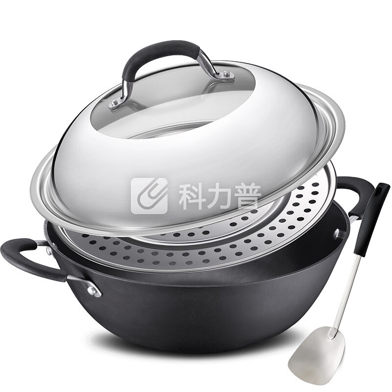 爱仕达 34CM无涂层硬铸不生锈炒锅CF34D1WG 铁锅炖锅蒸锅电磁炉明火通用 带蒸篦