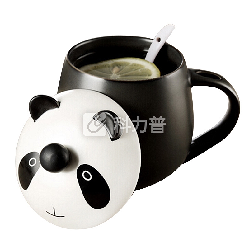 贝瑟斯 创意咖啡杯牛奶杯卡通马克杯带盖带勺彩色陶瓷杯子情侣杯 黑色熊猫