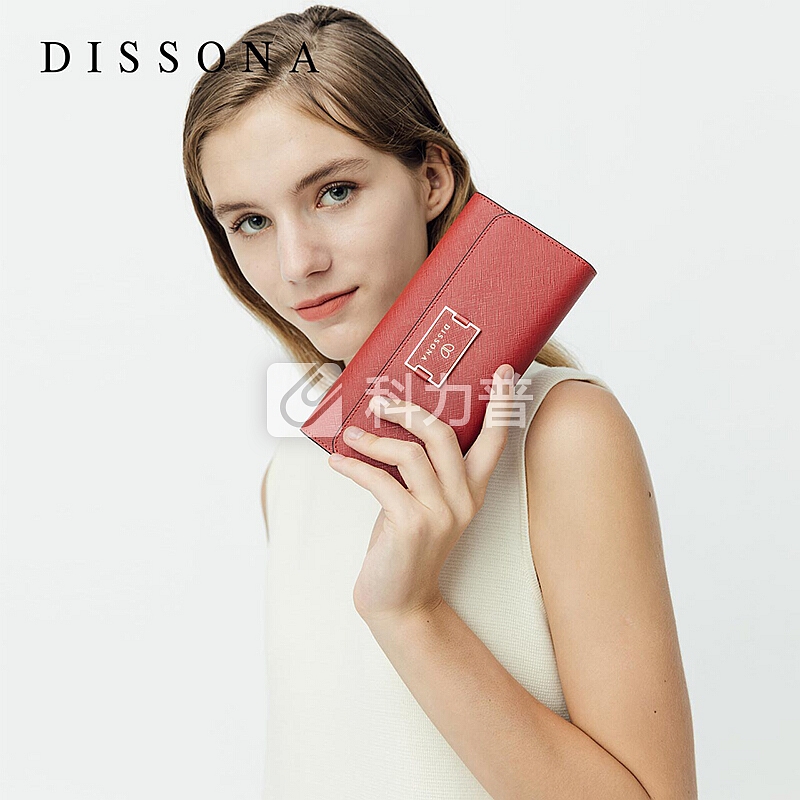 迪桑娜(DISSONA)牛皮钱包女长款多卡位搭扣零钱包简约手拿票夹小钱包潮 8162CD1310R00 红色