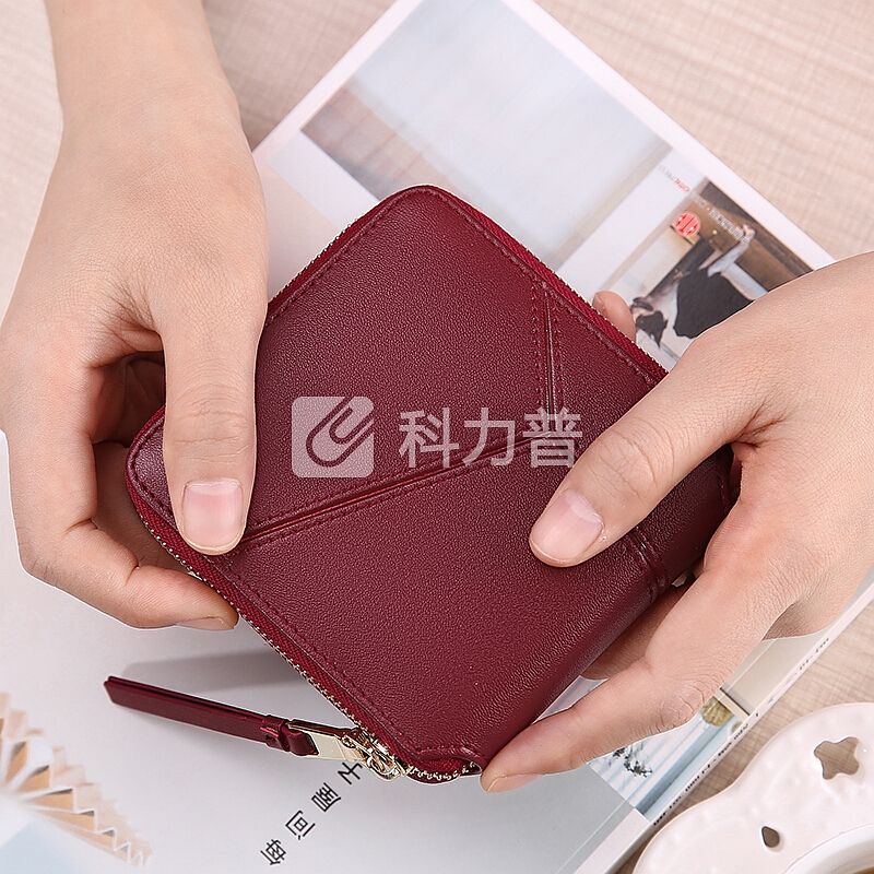 薇妮(Viney)牛皮钱包女短款多卡位简约百搭钱夹女士折叠零钱包(酒红色)