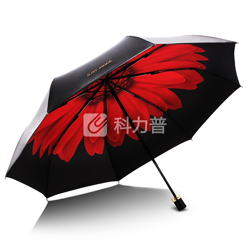 JUST MODE 黑胶太阳伞三折小黑伞防紫外线遮阳晴雨伞 黑底三折-红雏菊