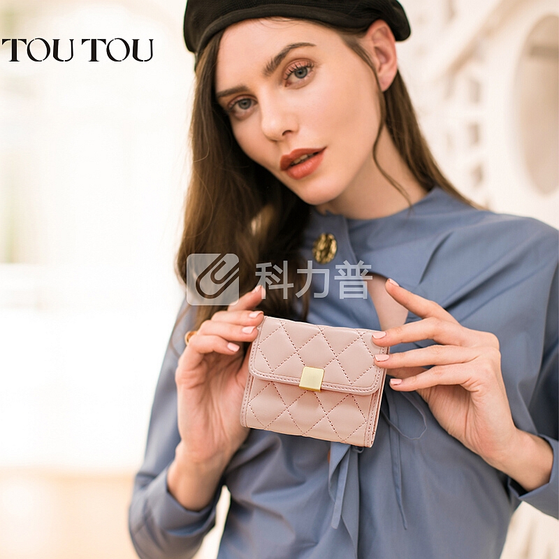 TOUTOU女生手拿包新款菱格大钞夹羊皮短款钱包折叠零钱包2381茱萸粉