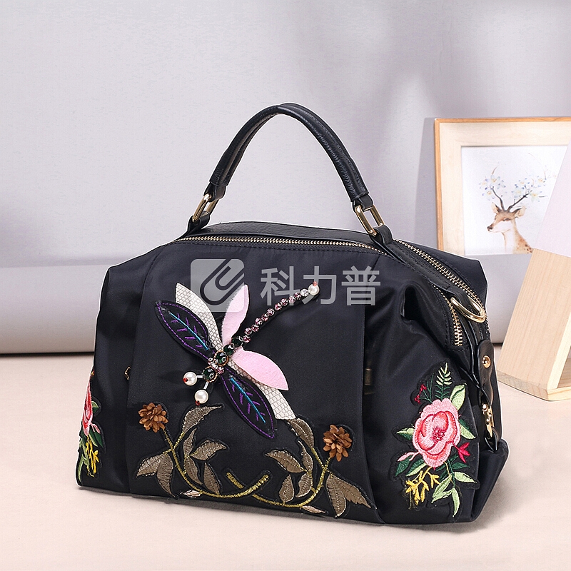 菲萝迪 Ferducci 菲萝迪 Ferducci 手提包女复古牛津布配牛皮民族风刺绣夹层轻便防水女包 20025黑色