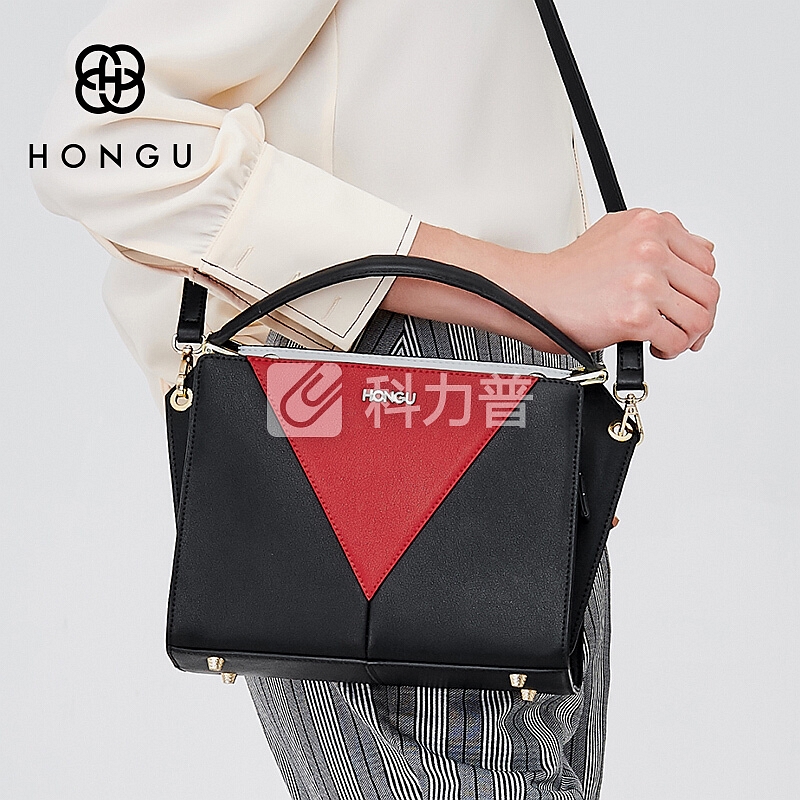 红谷 HONGU 红谷（HONGU）女包包撞色单肩包潮流手提包包女士手提单肩包斜挎包 H5141378漆黑