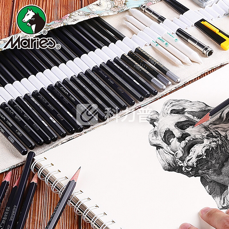 马利 马利（Marie's）素描铅笔套装 初学者学生绘画工具铅笔炭笔橡皮美工刀纸擦笔 玫瑰时钟笔帘 玫瑰时钟笔帘铅笔套装