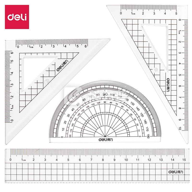 得力(deli)学生基础款直尺三角尺量角器绘图组合套尺4件套 72002