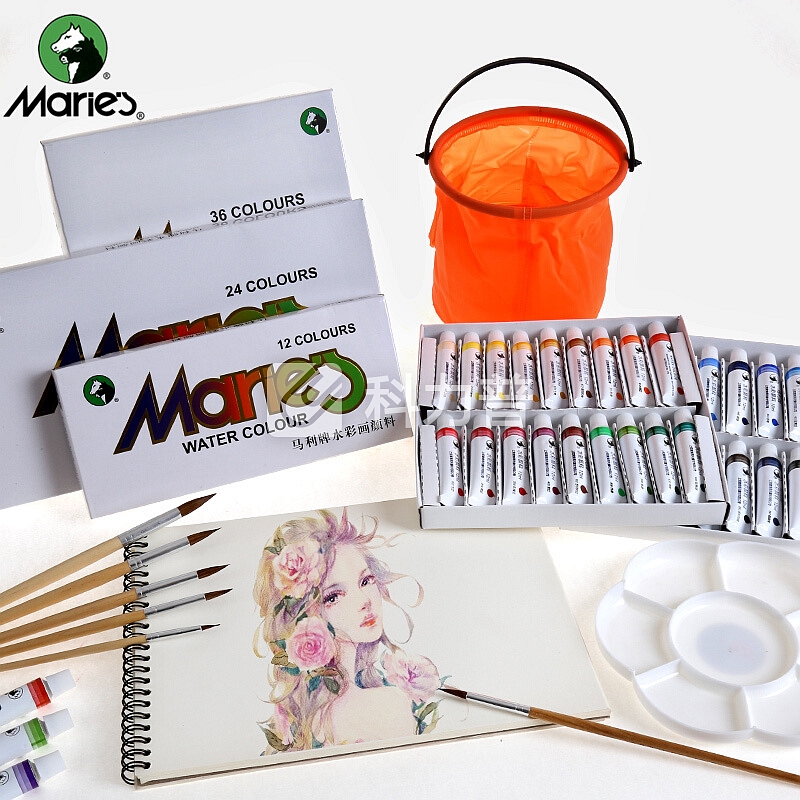 马利 马利（Marie's）36色12ml水彩颜料套装 绘画水彩本+折叠水桶+调色盘+6支装画笔套装 36色12ml+水彩本+水桶调色盘画笔