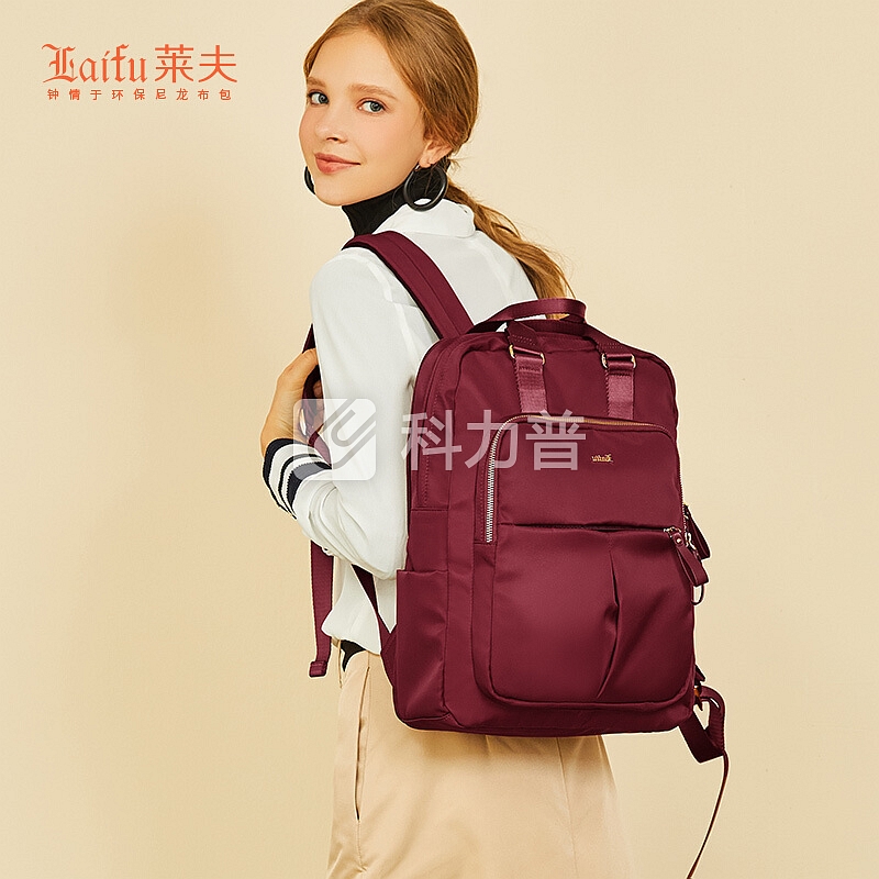 莱夫帆布双肩包女 大容量电脑书包旅游出行时尚旅行背包通勤商务包酒红8310854J