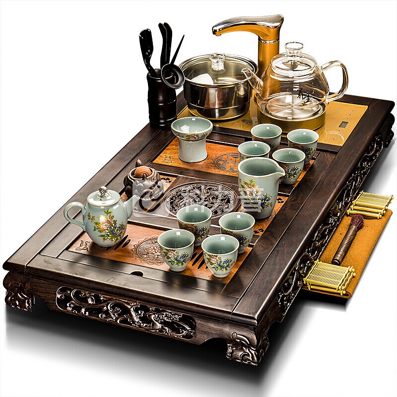 Seven Potters 茶具套装紫砂功夫茶具茶杯茶壶木茶盘乌金石茶托四合一电茶炉 款式七：双龙戏珠锦上添花茶具套装