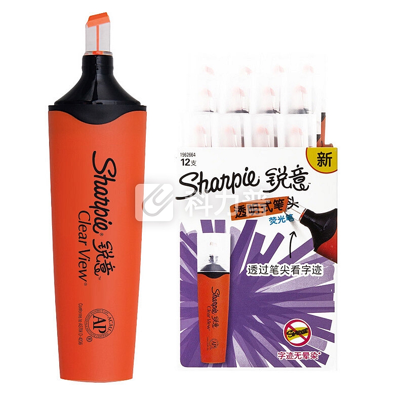 锐意(Sharpie)荧光笔/记号笔 透明式笔头 橙色12支装美国进口办公学生用彩色重点标记笔