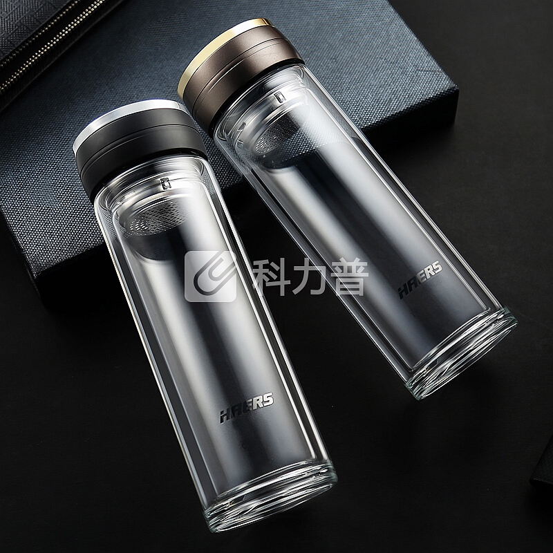 哈尔斯双层玻璃杯 茶水分离杯商务车载杯子男办公室泡茶杯过滤水杯 经典320ml 雅黑