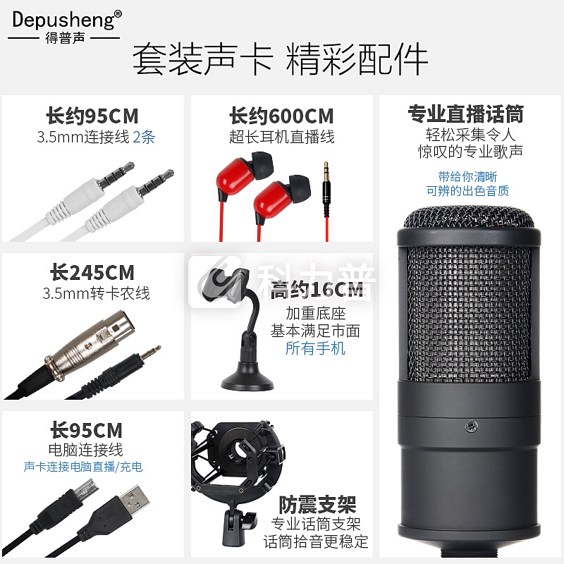 depusheng 得普声I10专业手机电脑声卡套装抖音吃鸡全民K歌快手直播外置声卡K歌麦克风设备 I10豪华声卡套装