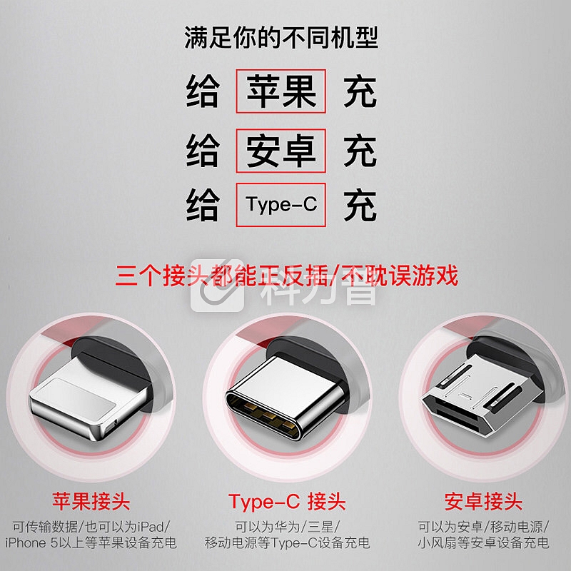 倍思 一拖三数据线苹果安卓Type-C弯头三合一游戏充电线正反插适用iPhone6s/X/7/8plus/ipad小米华为 1.2米红