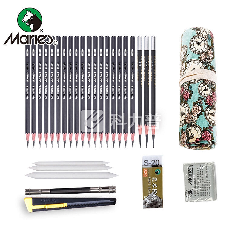马利 马利（Marie's）素描铅笔套装 初学者学生绘画工具铅笔炭笔橡皮美工刀纸擦笔 玫瑰时钟笔帘 玫瑰时钟笔帘铅笔套装