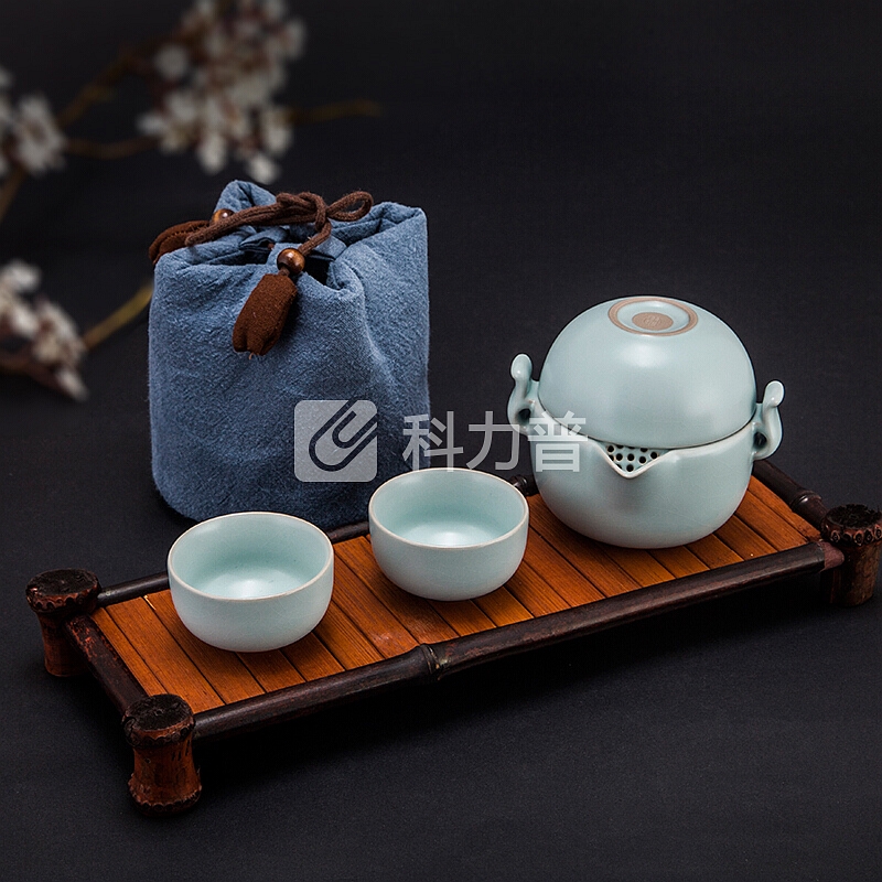 东道 东道 汝窑禅意旅行茶具套装 景德镇陶瓷功夫整套茶具便携旅行装 一壶两杯组-天青色