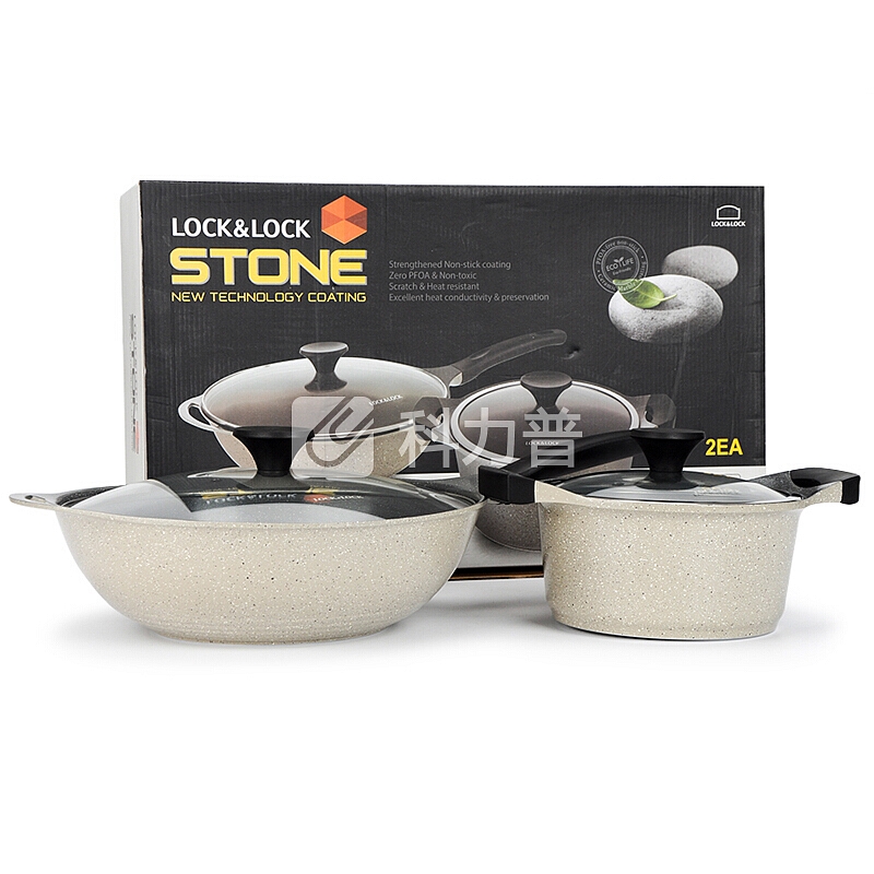 乐扣乐扣 LOCK&LOCK 乐扣乐扣(lock&lock) Stone石头系列 20cm奶锅汤锅+32cm中式炒锅（玻璃可视顶盖）LCA6202DSH102 二件套