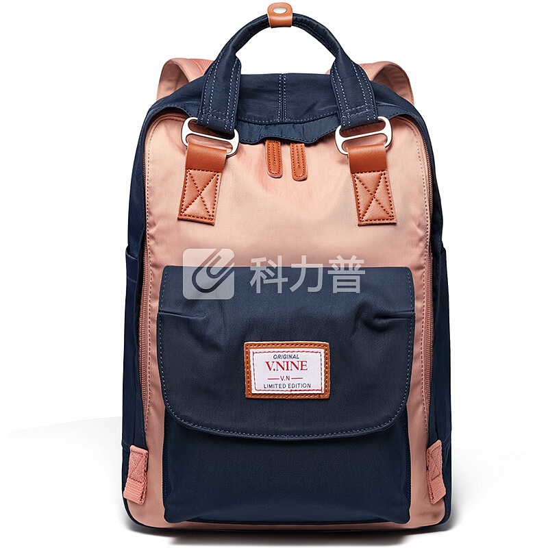 第九城V.NINE 双肩包女韩版14英寸甜甜圈背包多功能男士电脑包休闲运动学生书包 VD7BV32958J 深蓝配粉