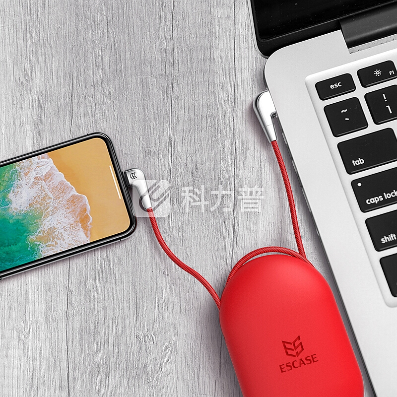 ESCASE 苹果数据线iPhoneXSMax/8/7/6iPad手机快充电器线3.1A电源线1.8米加长200KG承重送收纳盒弯头C18红