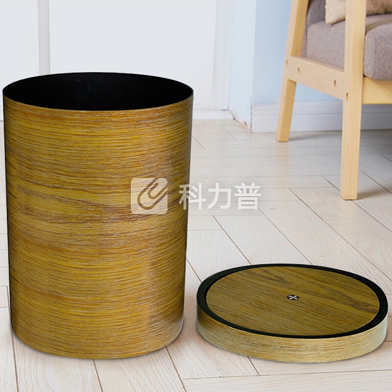意尔嫚 摇盖垃圾桶 家用带盖木纹圆形垃圾桶客厅厨房卫生间厕所垃圾桶办公室纸篓塑料翻盖垃圾桶 浅木纹