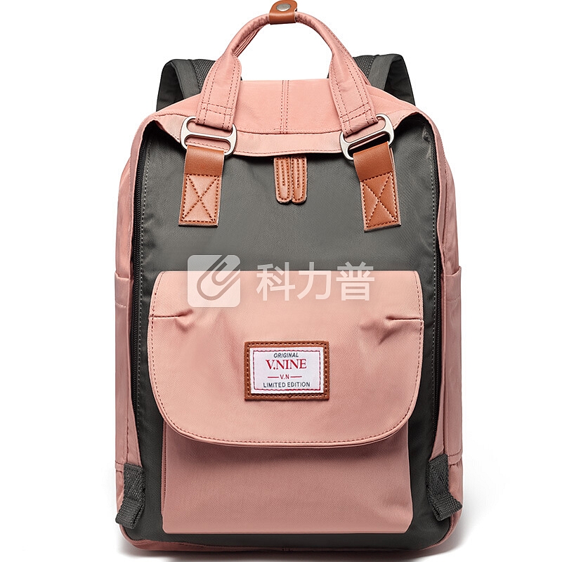 第九城(V.NINE) 双肩包女士大容量13/14英寸电脑包多功能旅行背包甜甜圈情侣款书包 VD7BV32958J 粉配灰