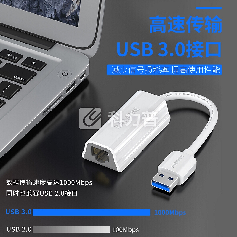 山泽(SAMZHE) USB3.0千兆有线网卡 USB转RJ45网线接口 笔记本电脑电视盒子外置网口转换器 白色 WK01