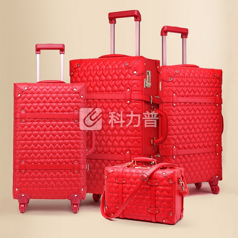 【品牌自营 质量保证】CCMVP轻奢品牌大红色行李箱结婚箱子陪嫁皮箱婚庆新娘拉杆箱女红色旅行箱嫁妆箱 红色 荔枝纹绣桃心 24寸+12寸【红色万向轮子母箱】