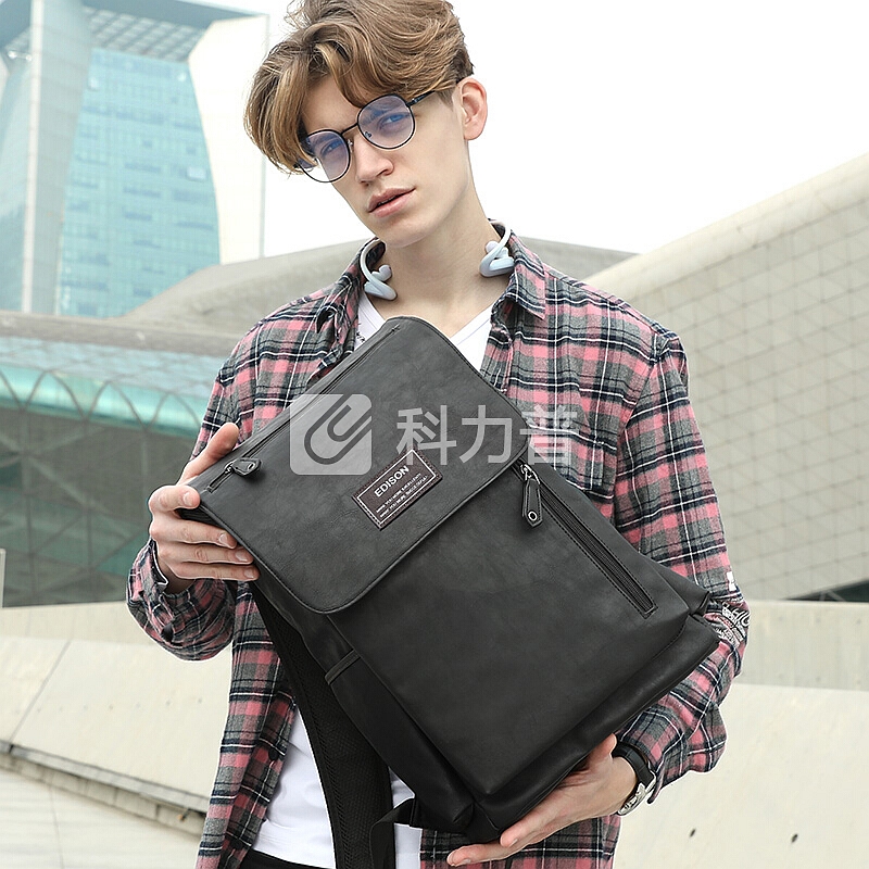 爱迪生(Edison)双肩包 时尚休闲男士15.6英寸电脑包防水旅行背包学生书包 T128黑色潮流版