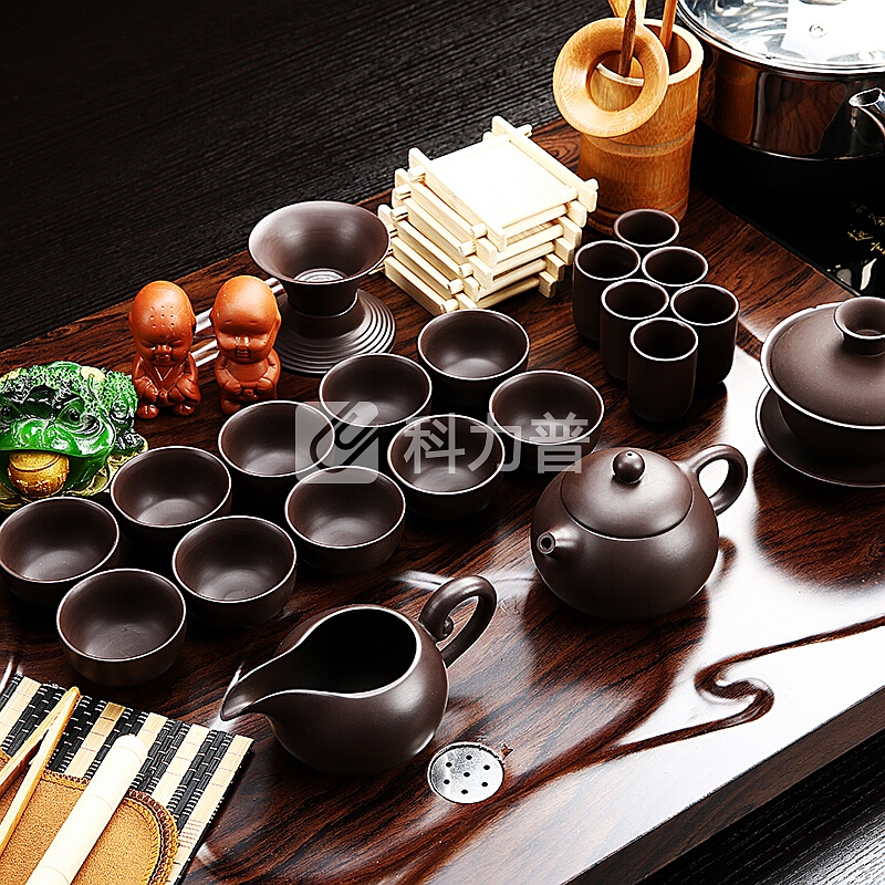 龙寅 紫砂茶具套装茶壶茶海茶台茶杯茶道科技木茶盘电热磁炉冰裂釉整套功夫茶具全自动套装四合一