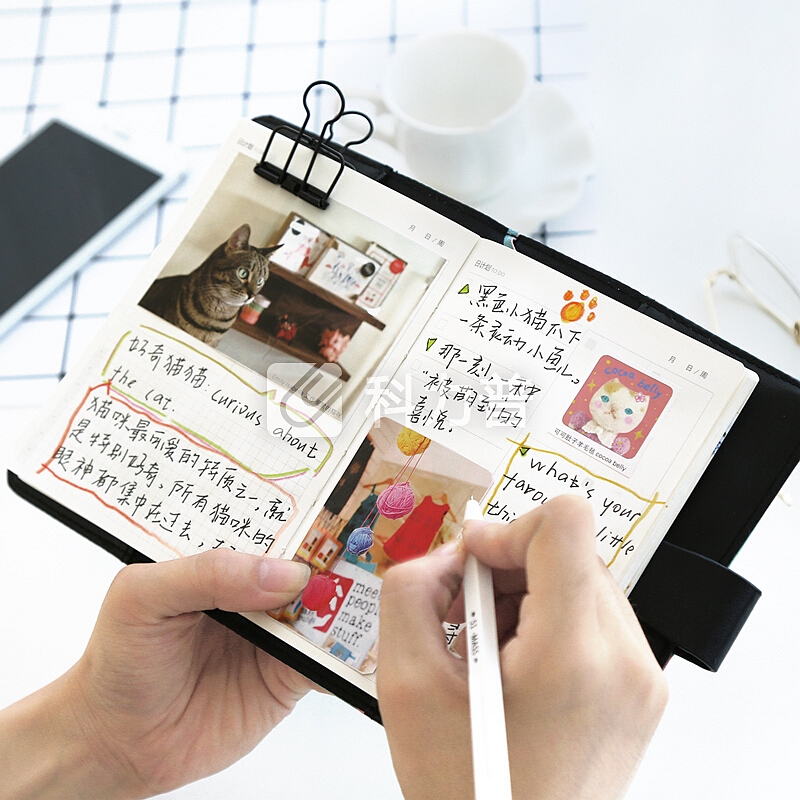 kinbor皮面A6手帐记事本子/日记手账本/日程计划本 绿猫猫DTB6179-1
