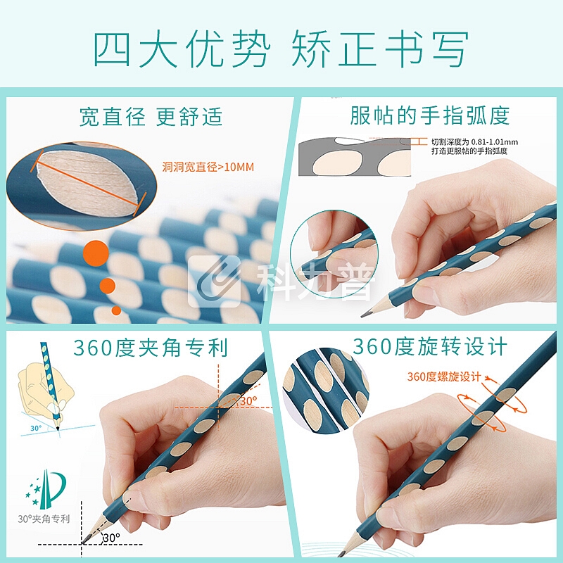 猫太子(MAOTAIZI)洞洞笔 HB铅笔 小学生文具用品 儿童矫正握姿30支套装送铅笔帽套+握笔器