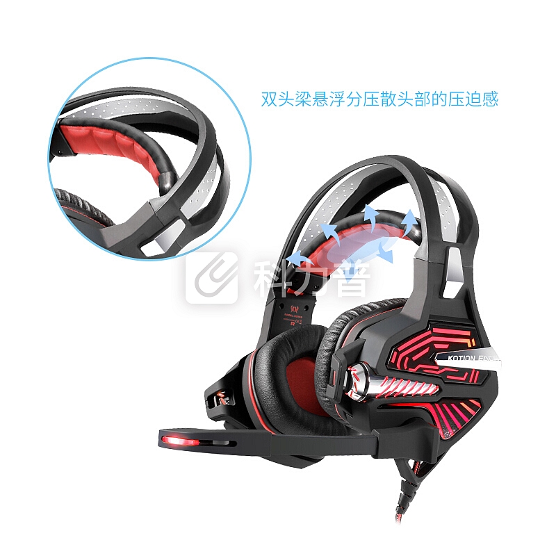 因卓(KOTION EACH)GS100黑红色 电竞耳机头戴式7.1声道USB内置声卡低重音有线吃鸡带麦笔记本 专业游戏耳机