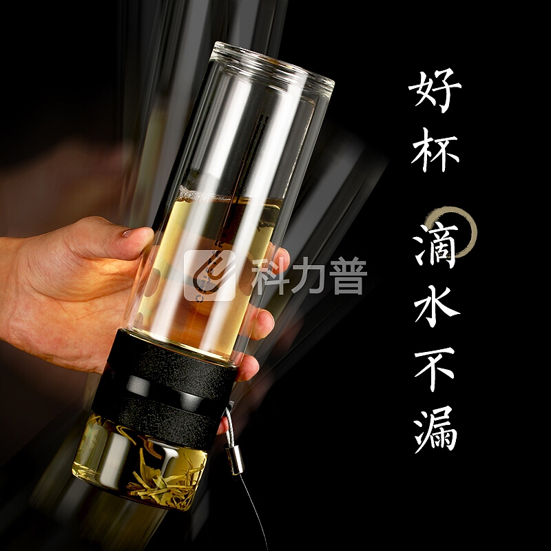 OPUSTAR 玻璃杯茶道杯双层透明茶水分离带滤网隔热玻璃水杯杯子 典雅白色300ML