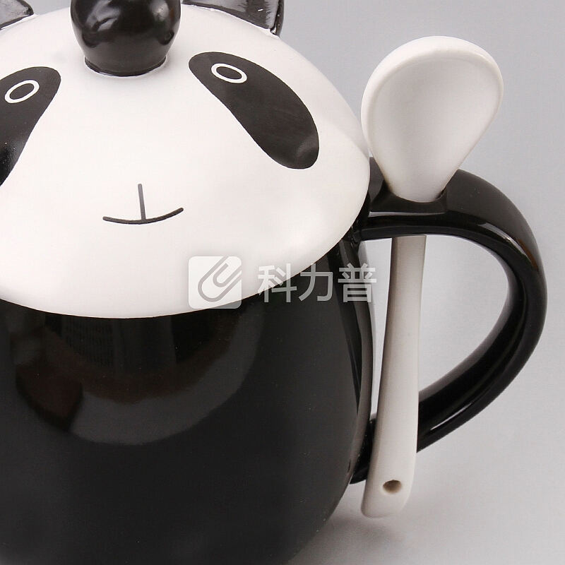 贝瑟斯 创意咖啡杯牛奶杯卡通马克杯带盖带勺彩色陶瓷杯子情侣杯 黑色熊猫