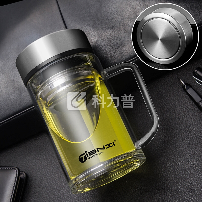 天喜 TIANXI 天喜（TIANXI）玻璃杯 双层加厚水杯子男女办公茶漏带盖茶杯 本色380ml