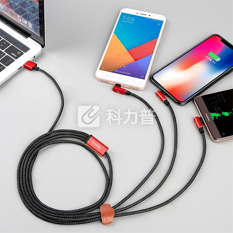 倍思 一拖三数据线苹果安卓Type-C弯头三合一游戏充电线正反插适用iPhone6s/X/7/8plus/ipad小米华为 1.2米红