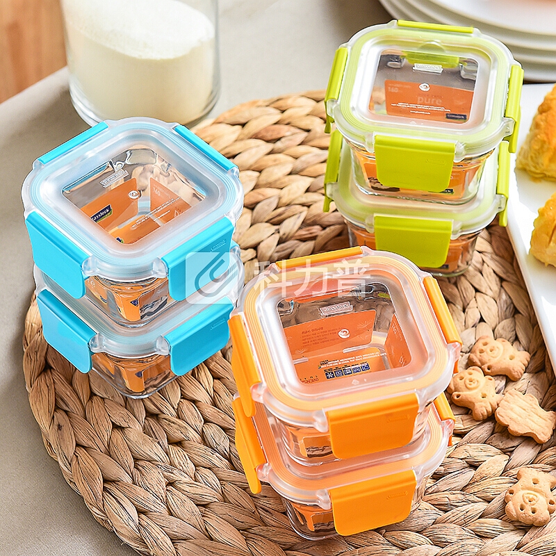 Glasslock韩国进口钢化耐热玻璃婴儿辅食盒奶粉盒宝宝便携零食盒蓝色三件套