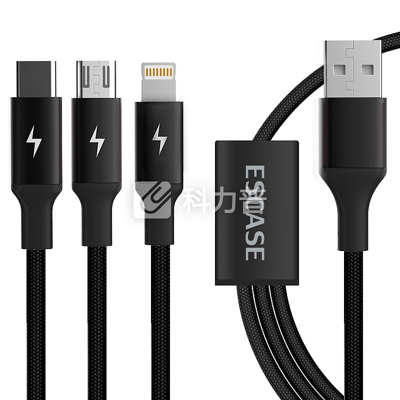 ESCASE 数据线一拖三苹果充电线三合一适用原装Type-c安卓iPhoneXSMax华为小米手机充电器线快充多功能C15S黑
