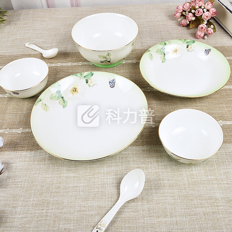 国瓷永丰源 auratic 32头骨瓷釉下彩餐具套装 家用碗盘碟勺整套陶瓷餐具 渐变绿色