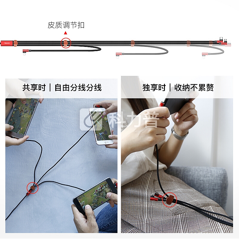 倍思 一拖三数据线苹果安卓Type-C弯头三合一游戏充电线正反插适用iPhone6s/X/7/8plus/ipad小米华为 1.2米红