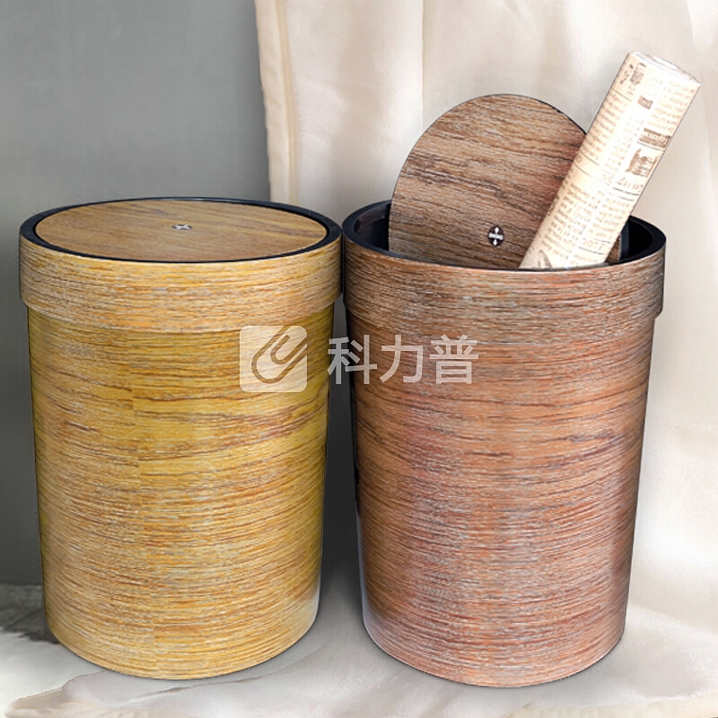 意尔嫚 摇盖垃圾桶 家用带盖木纹圆形垃圾桶客厅厨房卫生间厕所垃圾桶办公室纸篓塑料翻盖垃圾桶 浅木纹
